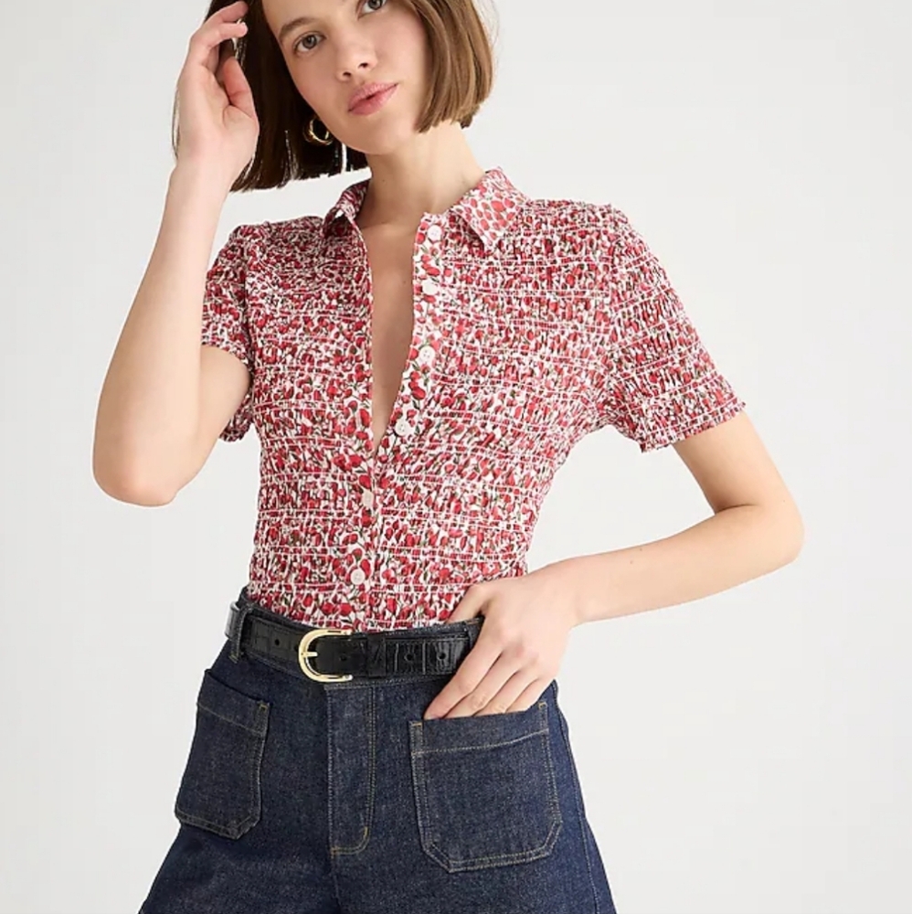 J. Crew Made with Liberty Fabric Smocked Button-up Shirt - red floral print